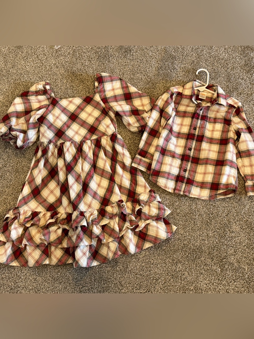 Gymboree Girls Plaid Dress & Boys Button-Up Shirt Set in Red, Cream, Green
